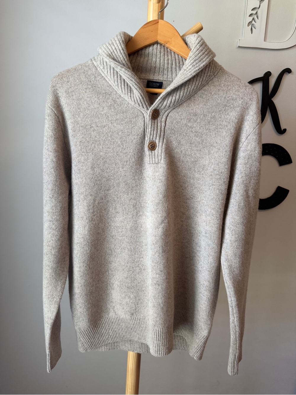 J Crew Oatmeal Pullover Shawl Neck Sweater 100% Lambswool Men’s Size Medium - Picture 2 of 8